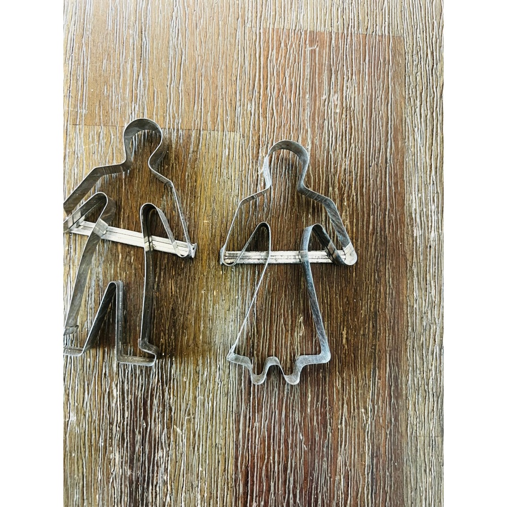 Vintage Metal Cookie Cutter Set Man and Woman with Handles Tin 2 Piece Set
